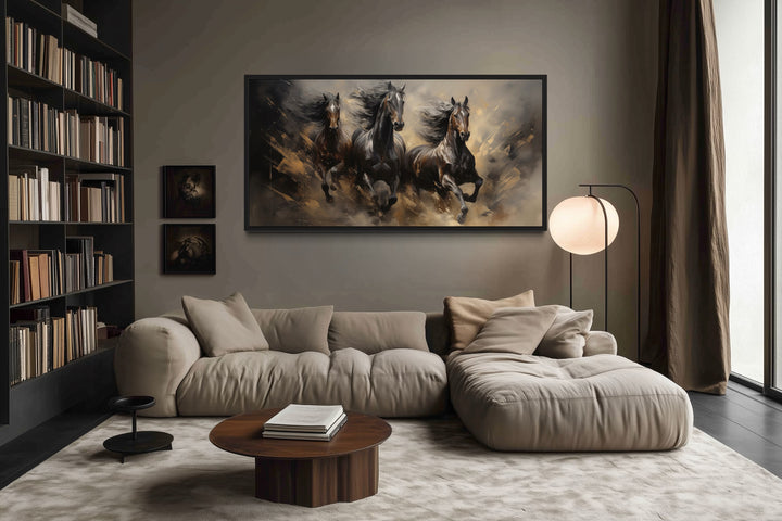 Extra large canvas wall art of three brown horses running in a dramatic, textured scene.