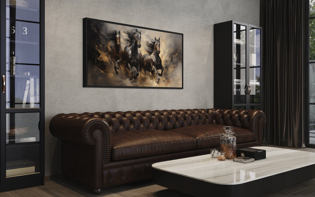 Extra large canvas wall art featuring three brown horses running in a dynamic, textured scene.