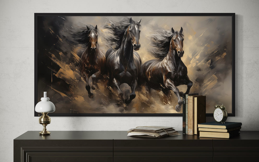 Extra large canvas wall art featuring three brown horses galloping with flowing manes.