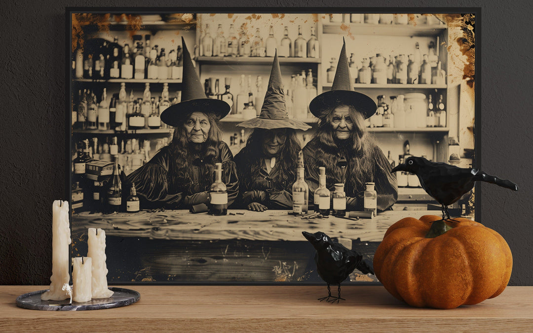 Three Old Witches In Vintage Apothecary Antique Photograph Halloween Wall Art