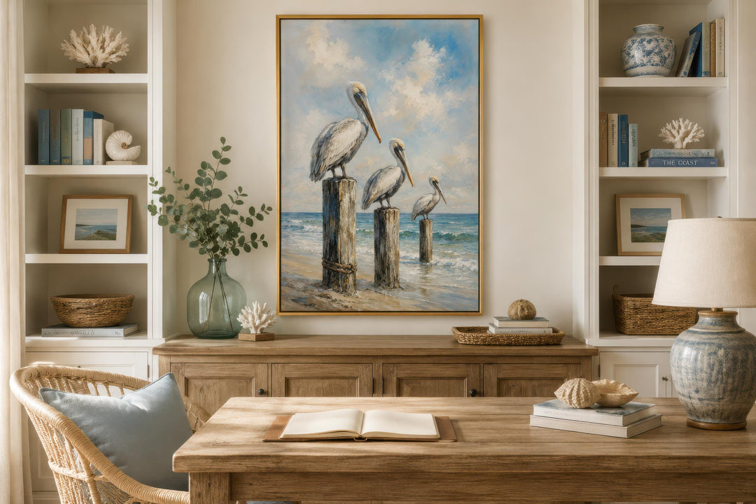 Three pelicans on dock posts coastal canvas wall art in a beach house office setting.