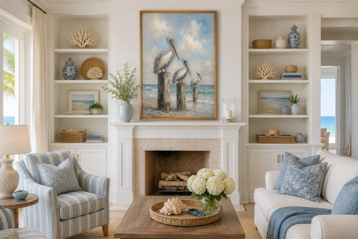 Three Pelicans on Dock Posts Coastal Canvas Wall Art above a white fireplace in a beach house.