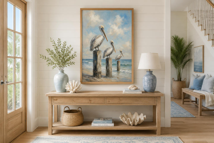 Three Pelicans on Dock Posts Coastal Canvas Wall Art above a wooden console table in a beach house.