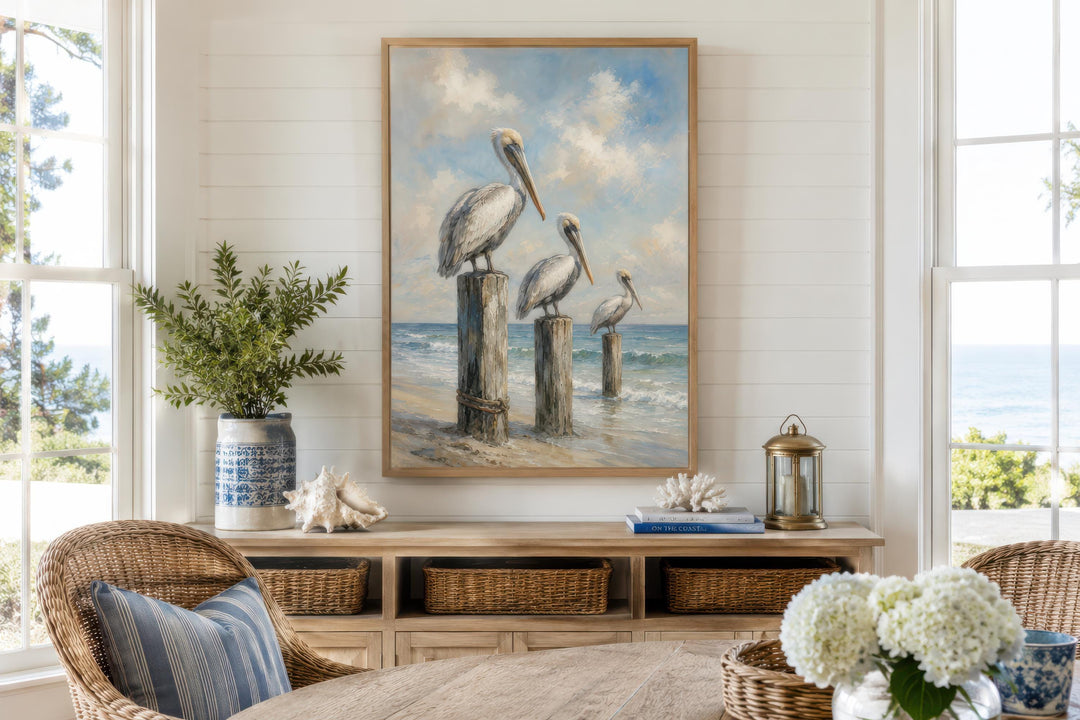 Three pelicans perched on dock posts coastal canvas wall art in a beach house living room.