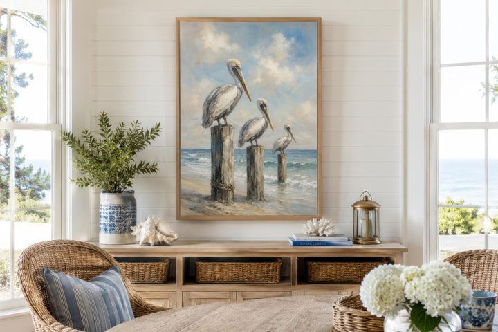 Three pelicans perched on dock posts coastal canvas wall art in a beach house living room.