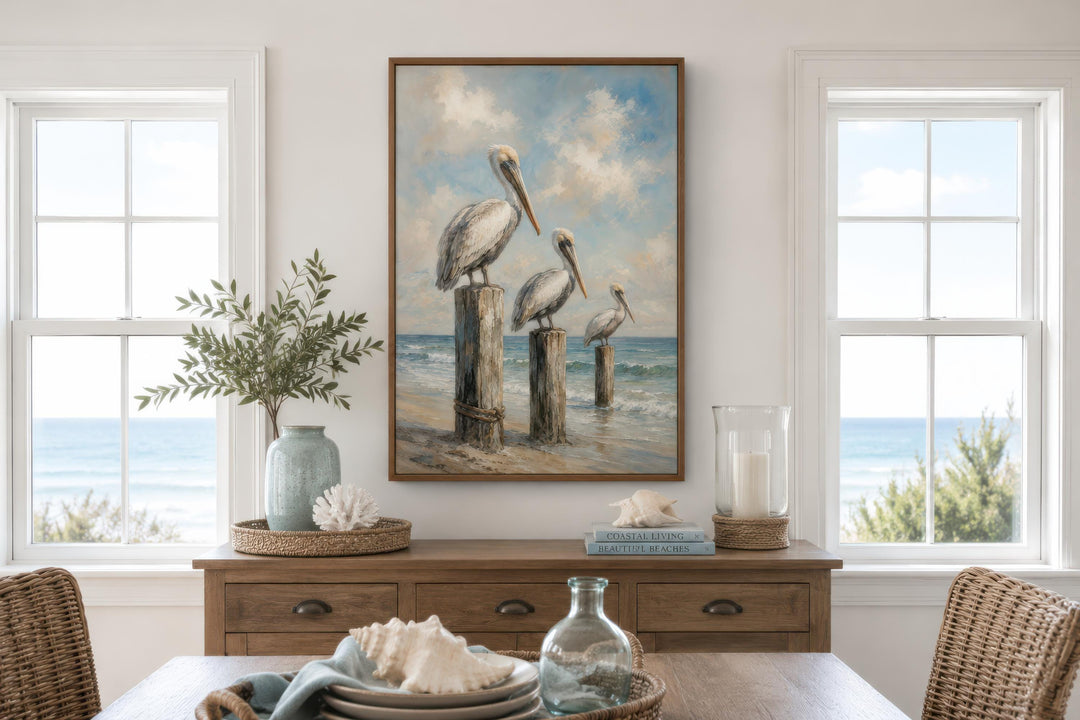 Three Pelicans on Dock Posts Coastal Canvas Wall Art in a beach house dining room setting.