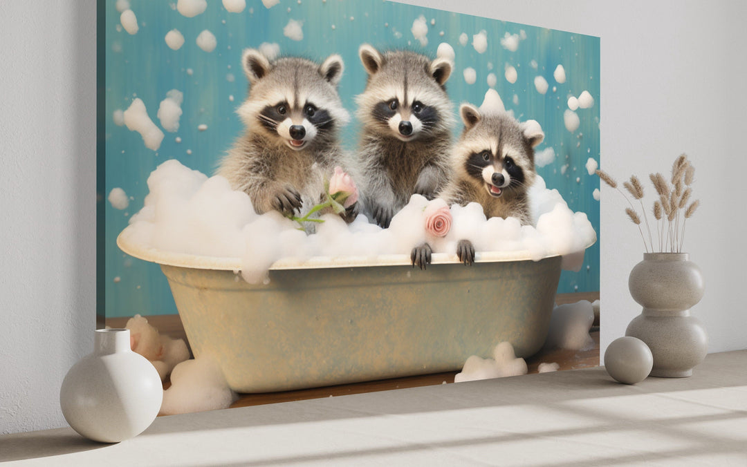 Three Racoons In a Bathtub Framed Canvas Wall Art