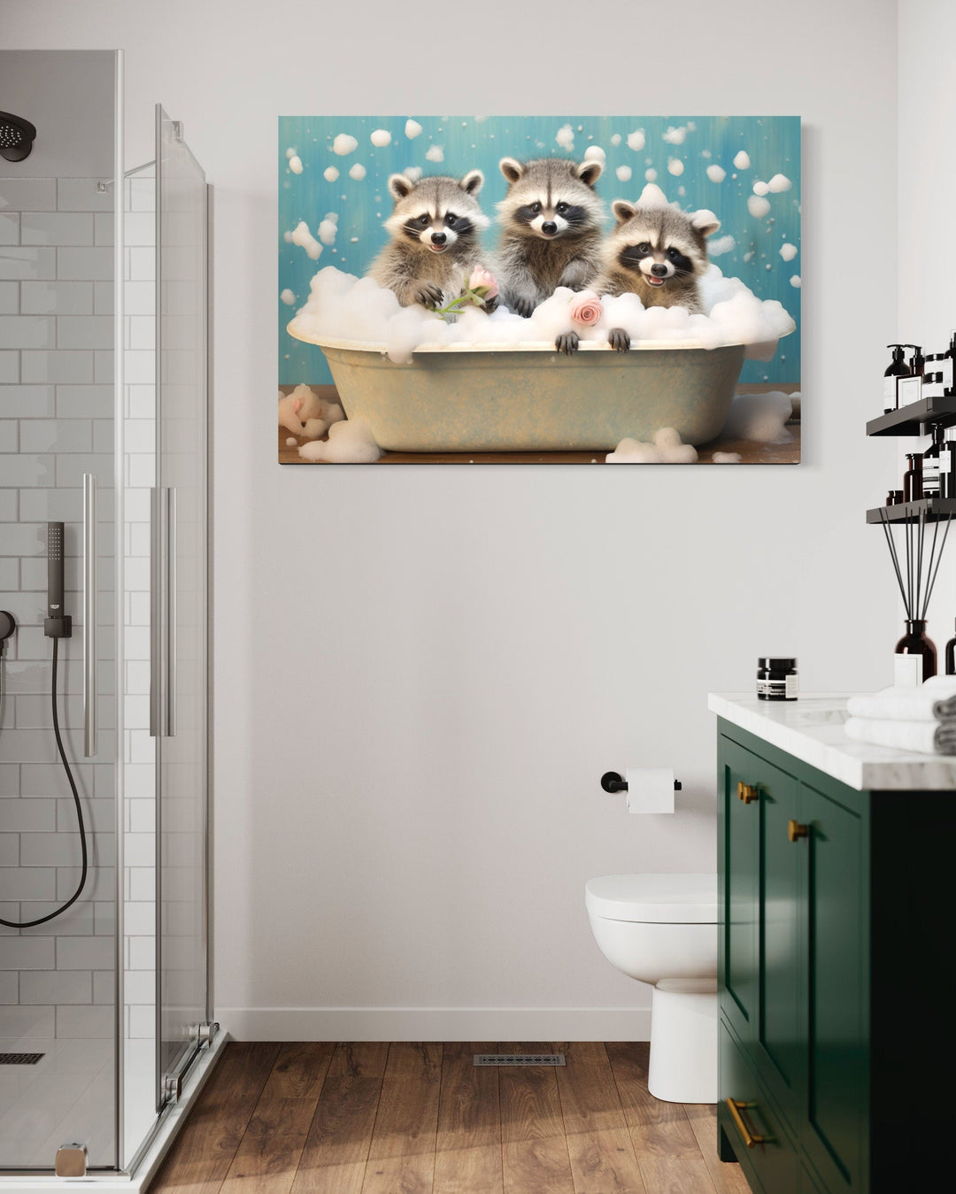 Three Racoons In a Bathtub Framed Canvas Wall Art