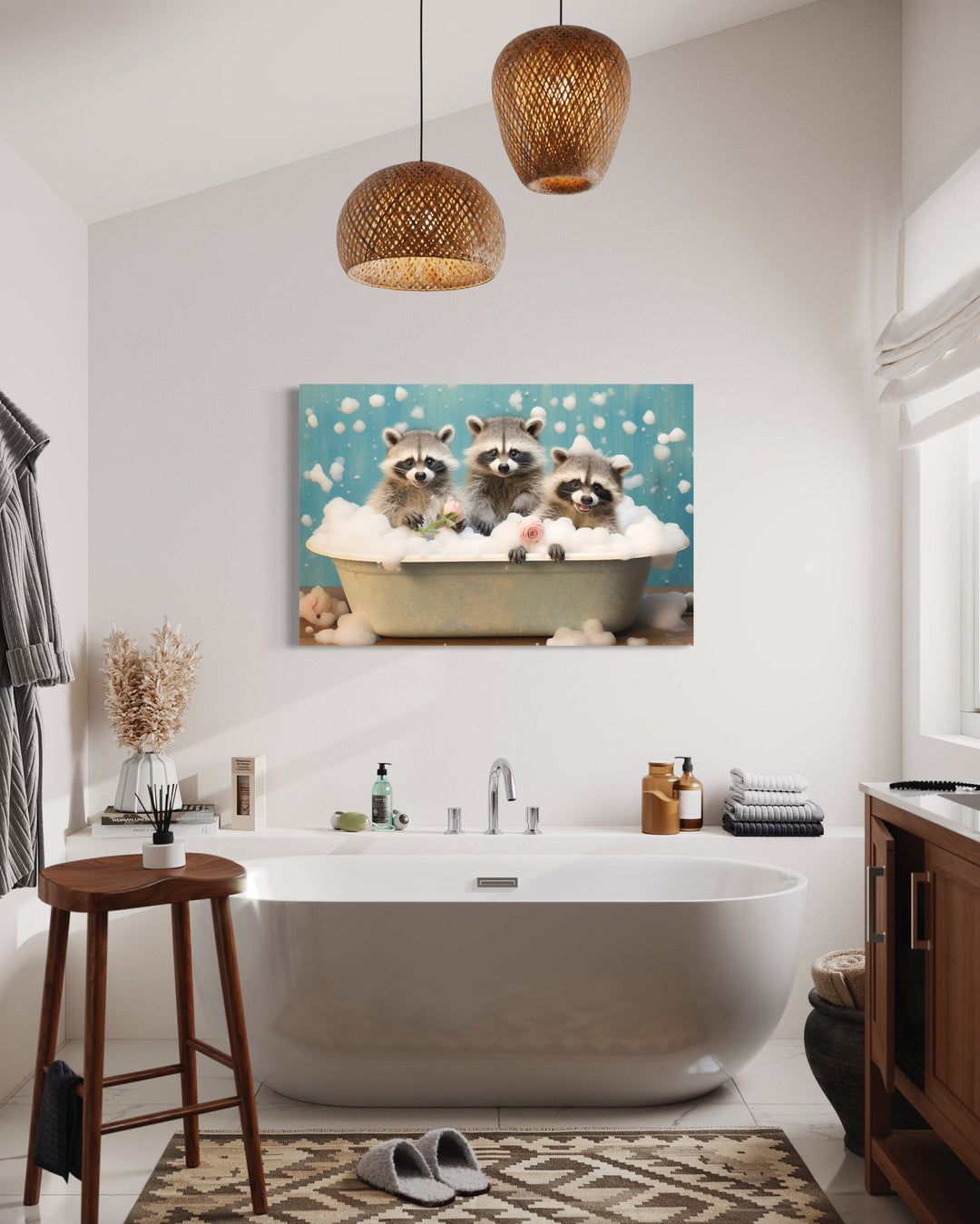 Three Racoons In a Bathtub Framed Canvas Wall Art