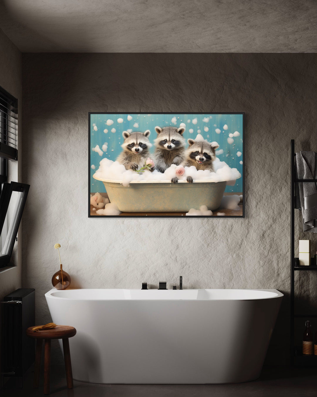 Three Racoons In a Bathtub Framed Canvas Wall Art