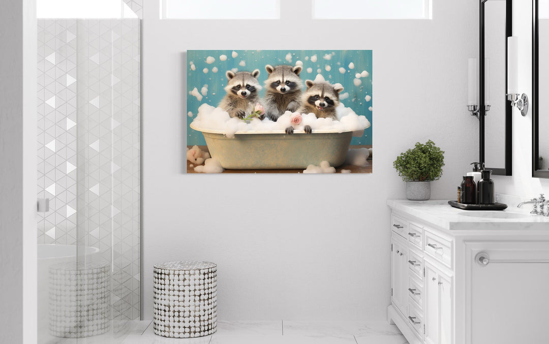 Three Racoons In a Bathtub Framed Canvas Wall Art