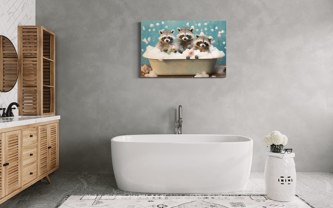 Three Racoons In a Bathtub Framed Canvas Wall Art