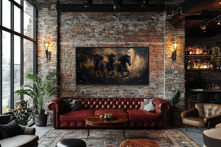 Three Running Stallions On Black Gold Background Framed Canvas Wall Art