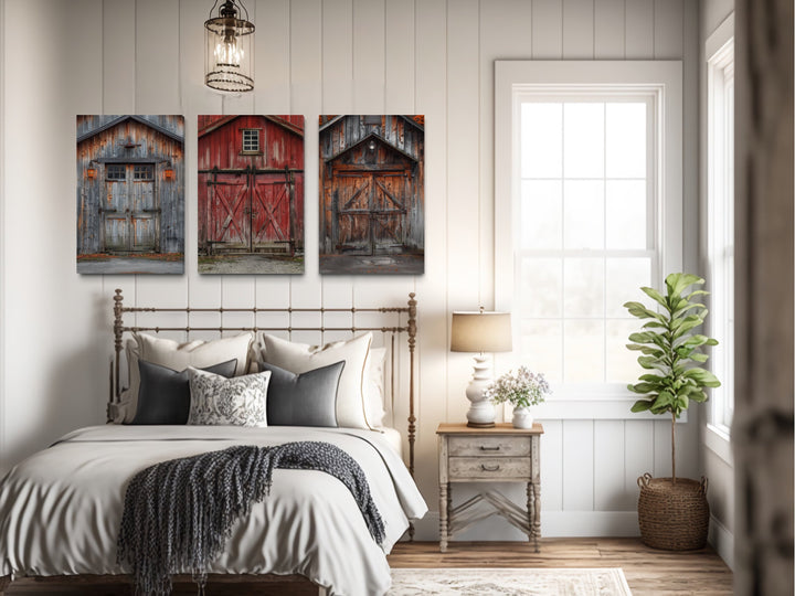 Three Rustic Chic Barn Doors Painting Farmhouse Framed Canvas Wall Art