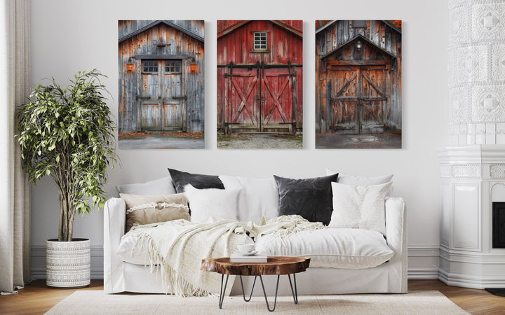 Three Rustic Chic Barn Doors Painting Farmhouse Framed Canvas Wall Art