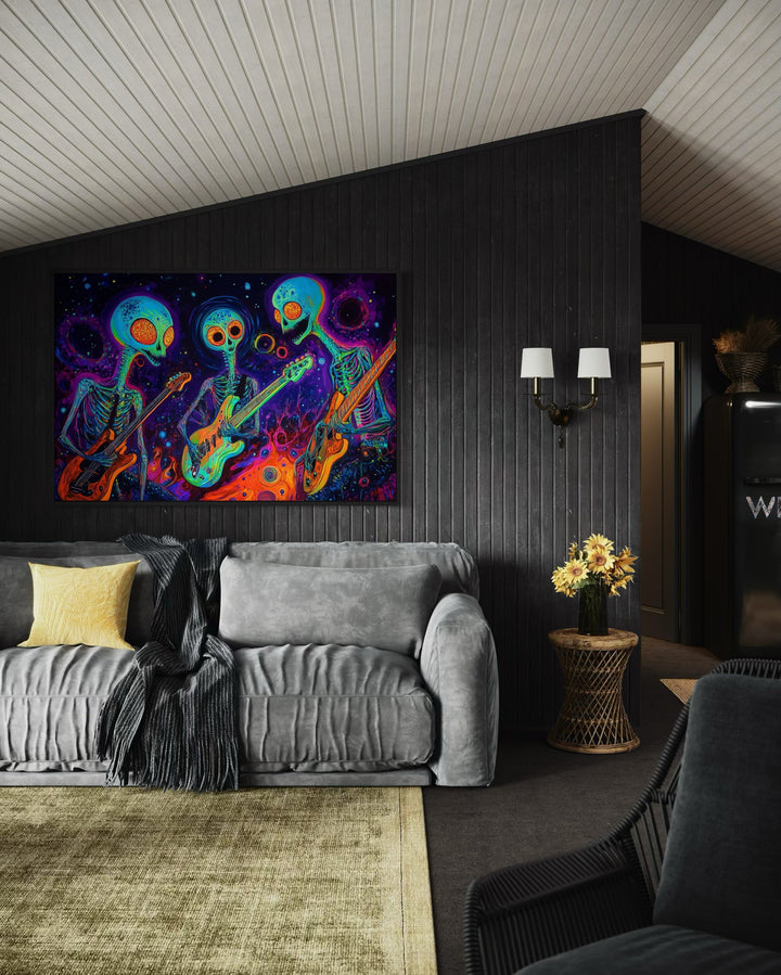 Three Trippy Skeletons Playing Guitars Framed Canvas Wall Art