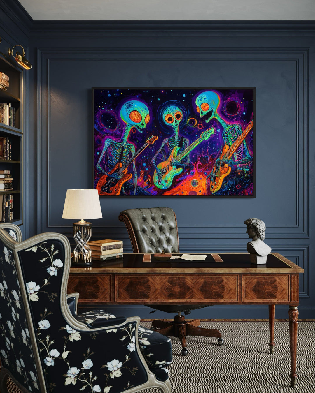 Three Trippy Skeletons Playing Guitars Framed Canvas Wall Art