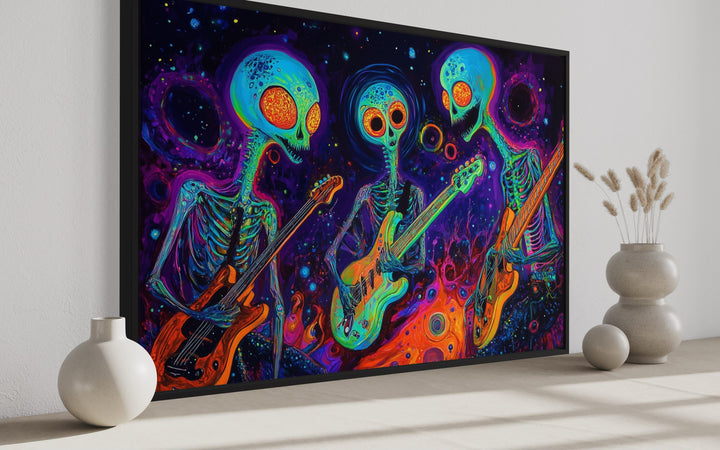 Three Trippy Skeletons Playing Guitars Framed Canvas Wall Art