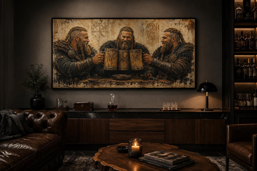 Three Vikings drinking beer canvas wall art above a sideboard in a rustic man cave setting.