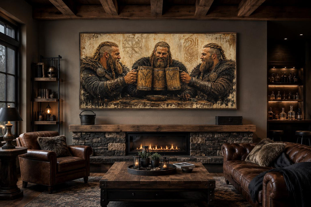 Three Vikings drinking beer canvas wall art hanging above a fireplace in a rustic man cave.