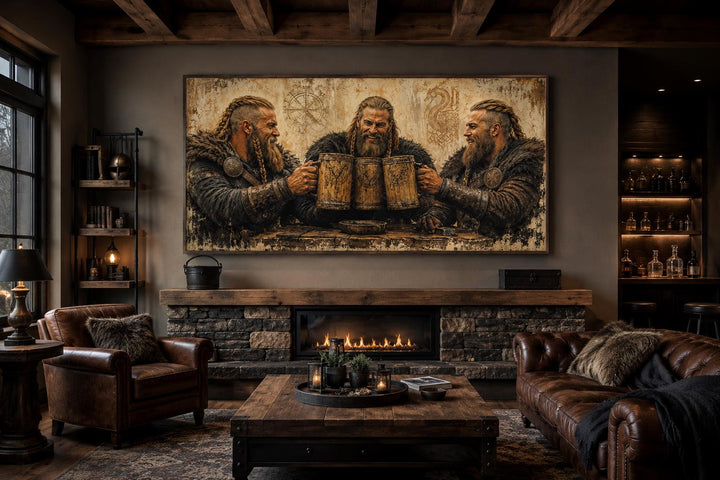 Three Vikings drinking beer canvas wall art hanging above a fireplace in a rustic man cave.