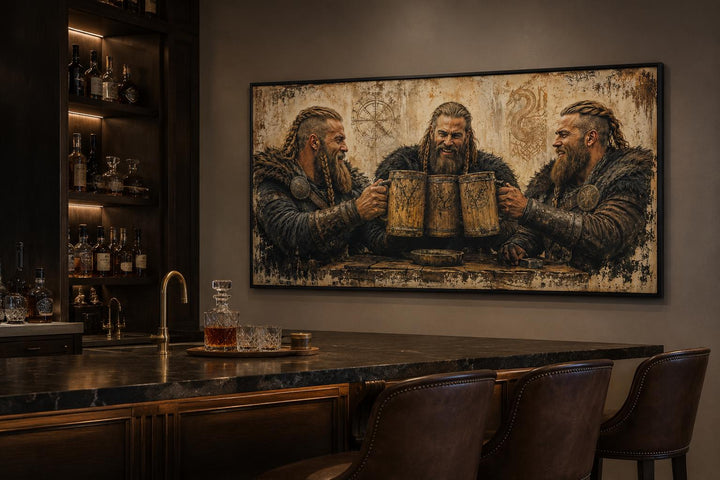 Three Vikings drinking beer canvas wall art hanging in a rustic home bar with dark wood and leather.