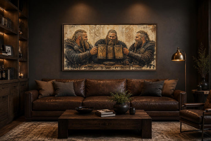 Three Vikings drinking beer canvas wall art hanging above a brown leather sofa in a rustic room.