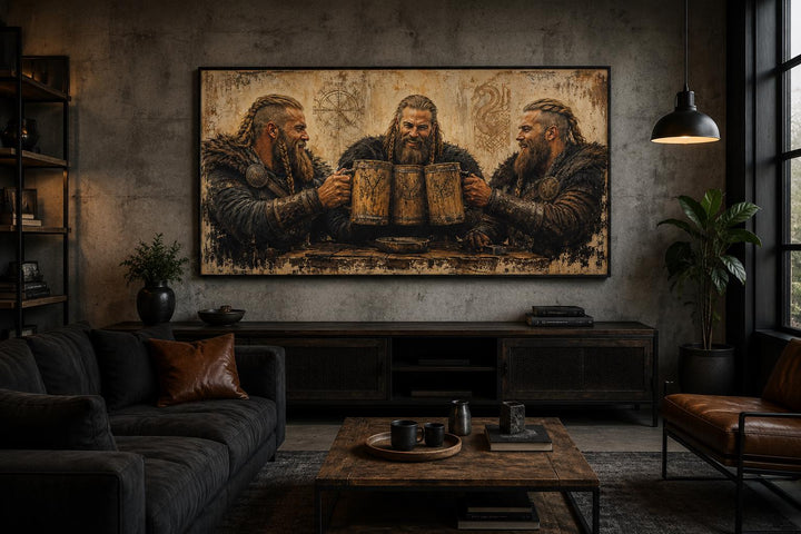 Three Vikings drinking beer canvas wall art hanging in a rustic, modern living room.