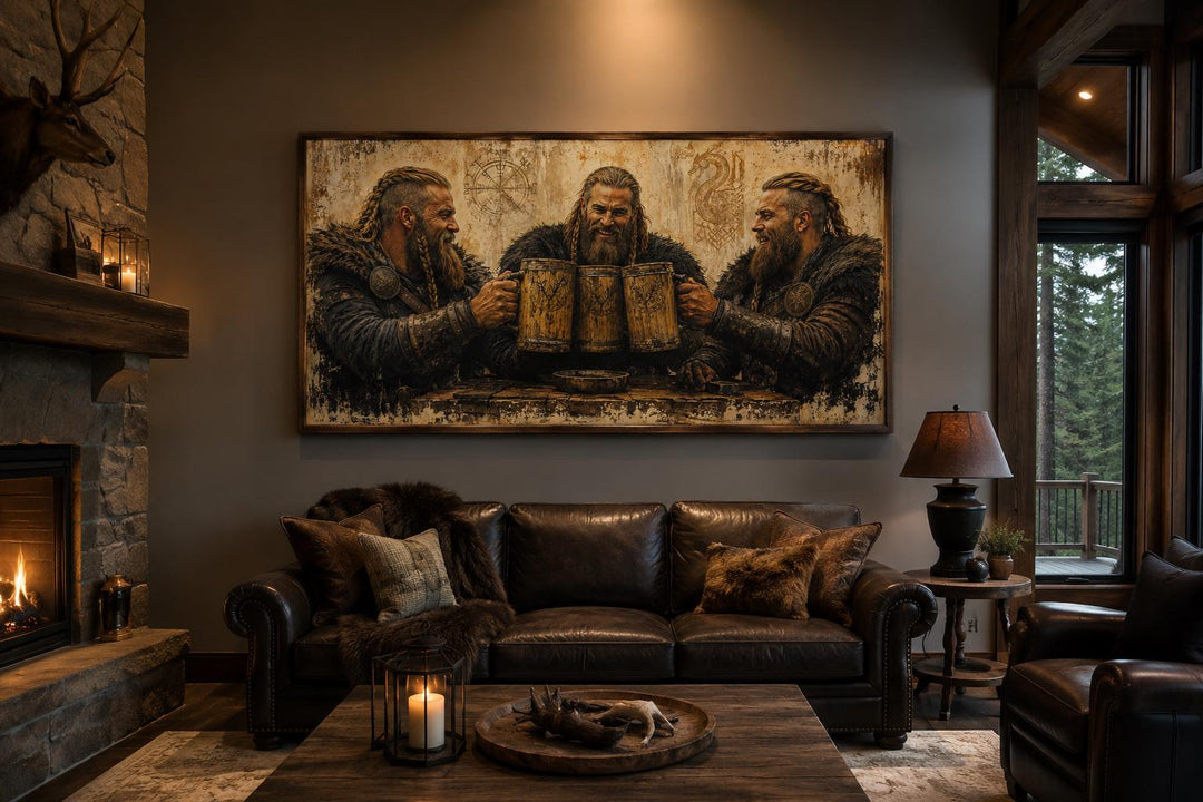 Three Vikings Drinking Beer canvas wall art hanging above a leather sofa in a rustic living room.