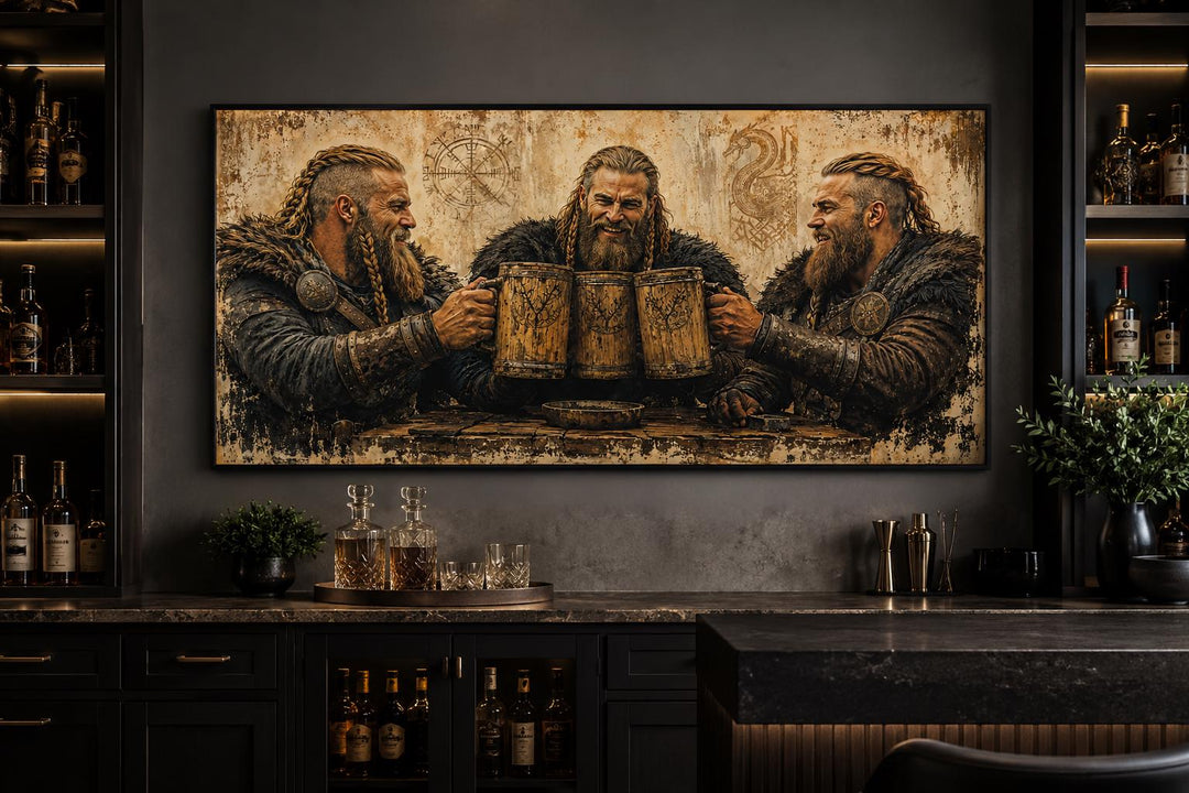 Three Vikings drinking from wooden tankards on a rustic canvas above a modern home bar.