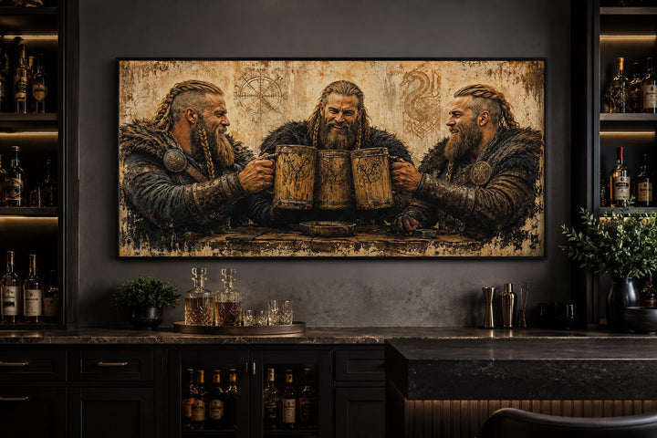 Three Vikings drinking from wooden tankards on a rustic canvas above a modern home bar.