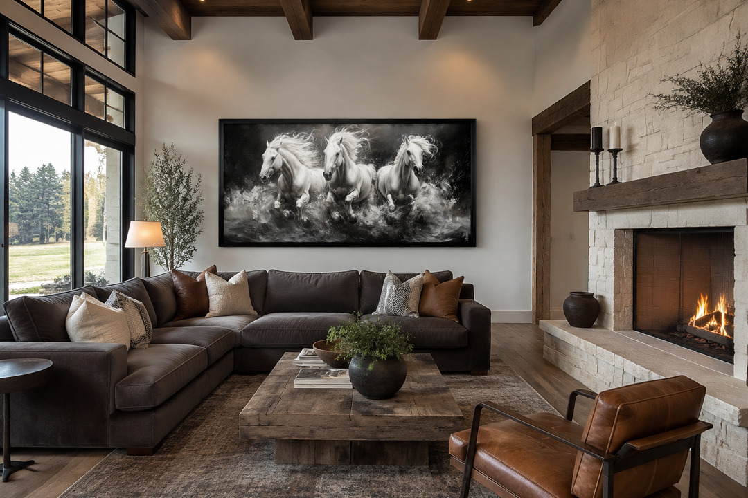 Three White Horses Running Framed Canvas Wall Art in a rustic living room above a sectional sofa.
