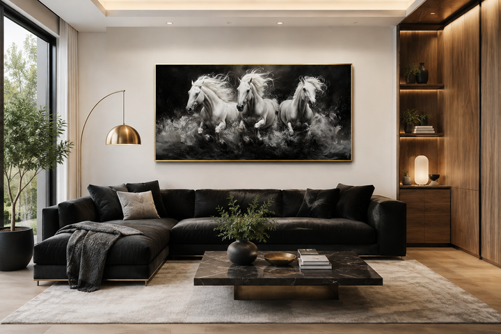 Three white horses running framed canvas wall art above a black sofa in a modern living room.