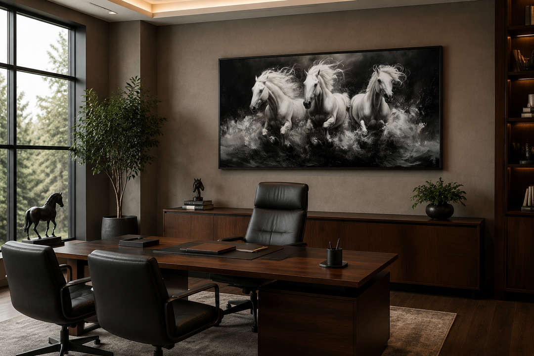 Three white horses running framed canvas wall art displayed in a modern office setting.