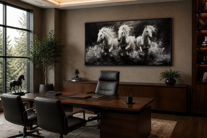 Three white horses running framed canvas wall art displayed in a modern office setting.