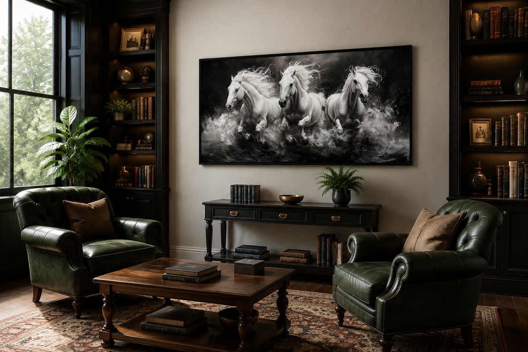 Three white horses running framed canvas wall art displayed in a classic study room.