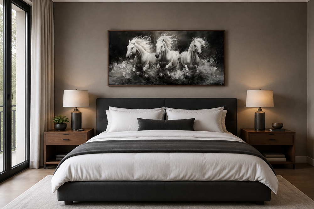Three white horses running framed canvas wall art hanging above a bed in a modern bedroom.