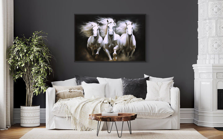 Three White Horses Running Framed Canvas Wall Art