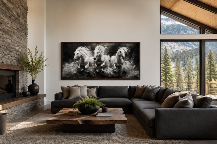 Three white horses running framed canvas wall art above a dark sectional sofa in a modern living room