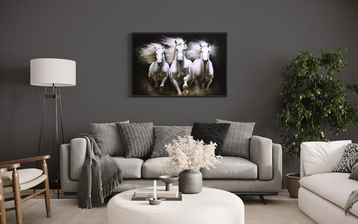 Three White Horses Running Framed Canvas Wall Art