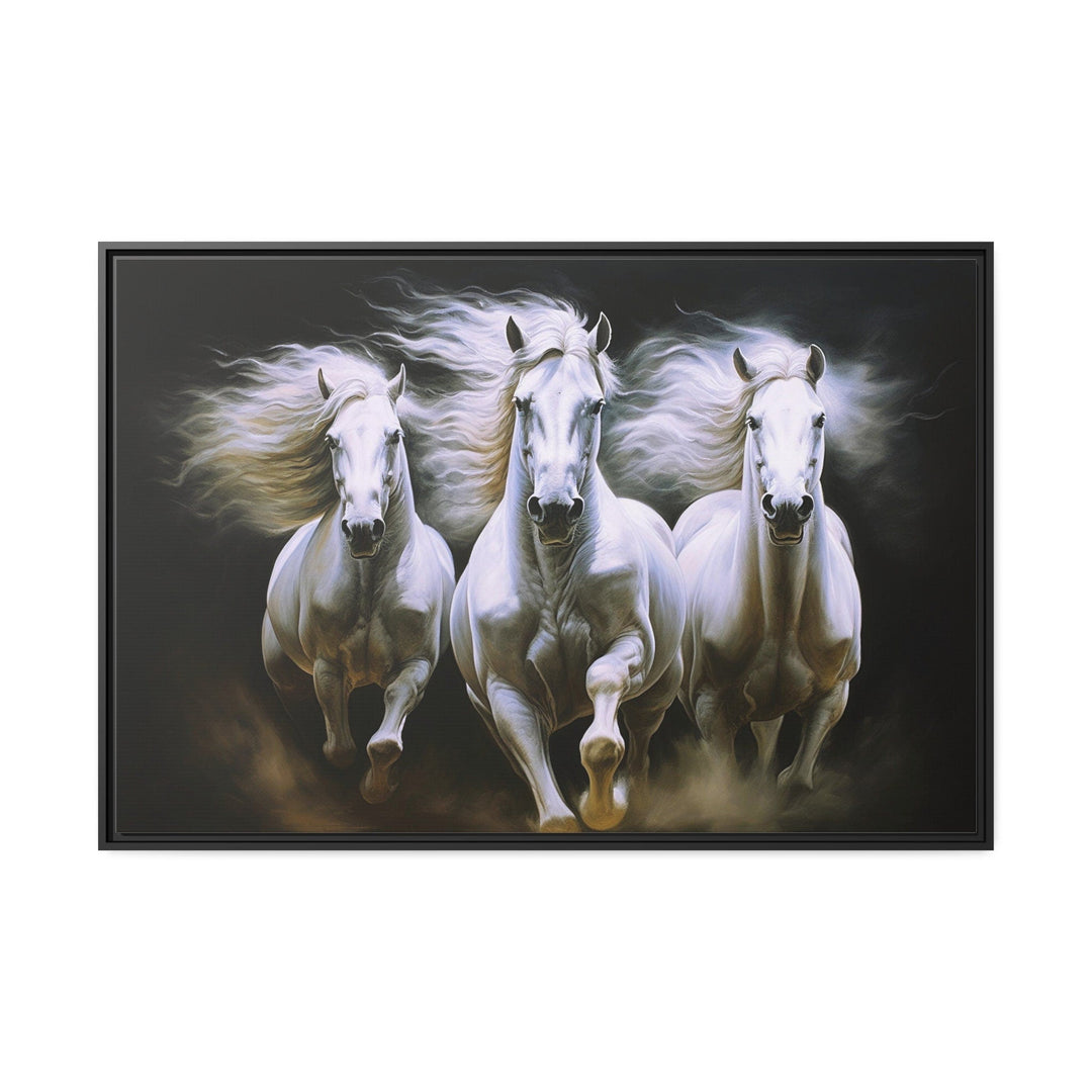 Three White Horses Running Framed Canvas Wall Art