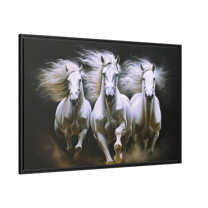 Three White Horses Running Framed Canvas Wall Art