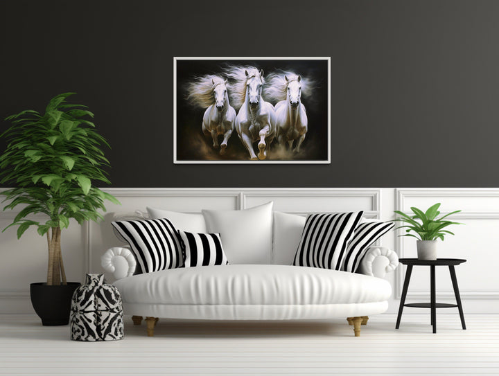 Three White Horses Running Framed Canvas Wall Art