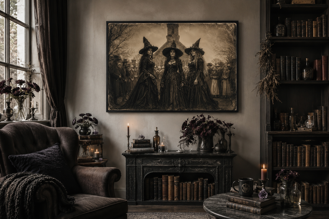 Vintage photography style wall art of three witches in Salem, framed above a gothic fireplace.