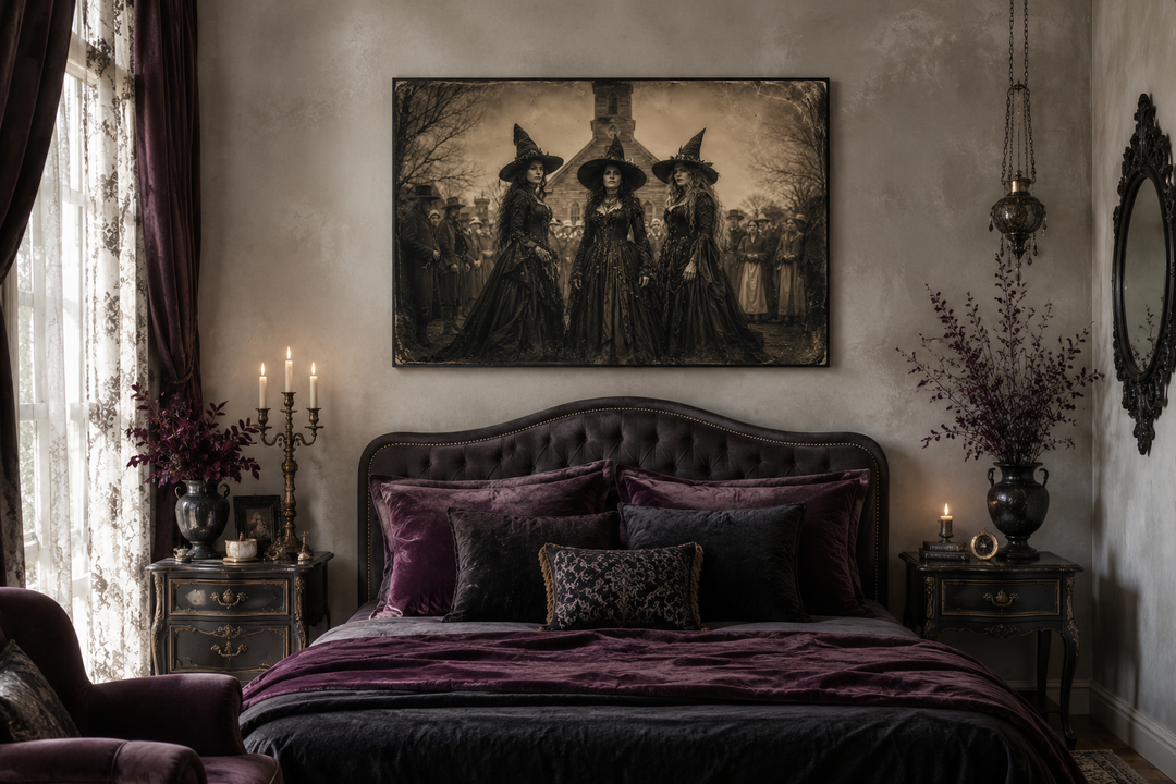 Three Witches in Salem vintage photography style canvas wall art hanging above a gothic bed.