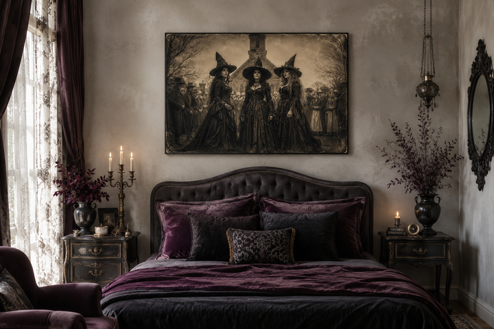 Three Witches in Salem vintage photography style canvas wall art hanging above a gothic bed.