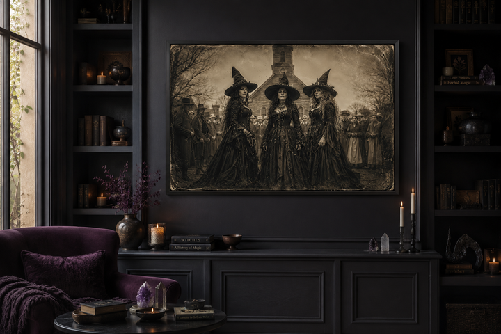 Vintage photography style wall art of three witches in Salem, framed above a dark sideboard.