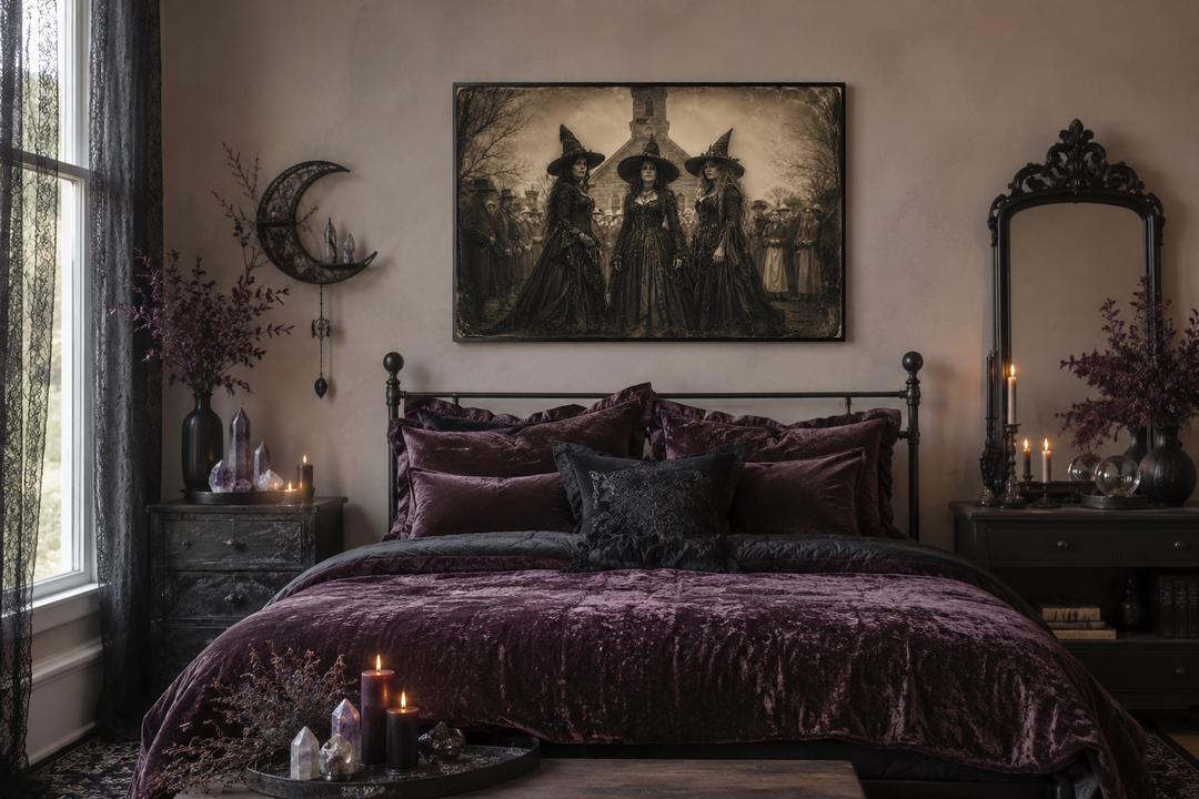 Vintage photography style canvas art of three witches in Salem hanging above a gothic velvet bed.