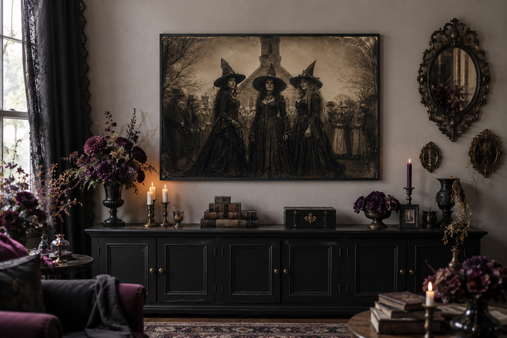 Vintage-style canvas art of three witches in Salem hanging above a black sideboard with candles.