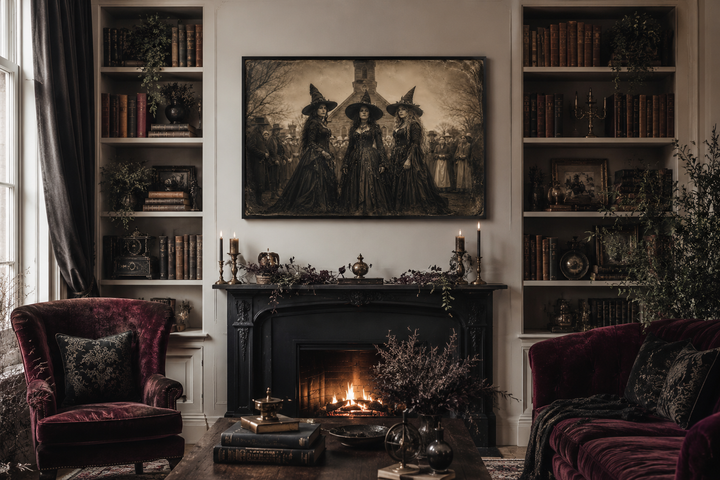 Vintage photography style wall art of three witches in Salem above a fireplace in a gothic room.